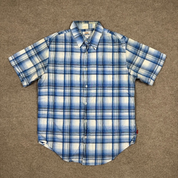 Levi's Mens M Shirt Blue Short Sleeve Button Up Plaid Wester Breathable Workwear - Picture 1 of 8